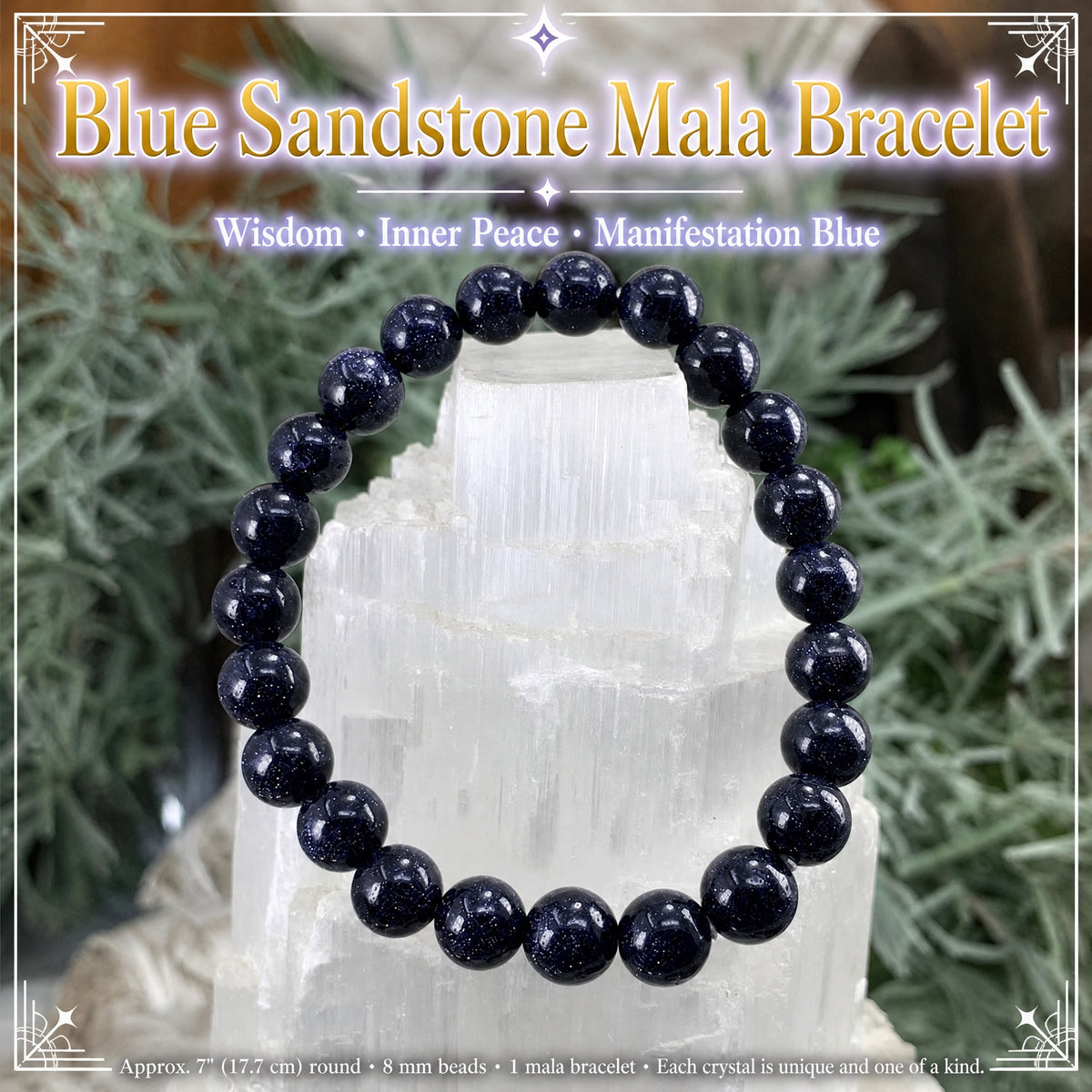 Mala-Armband aus blauem Sandstein mit Samtbeutel