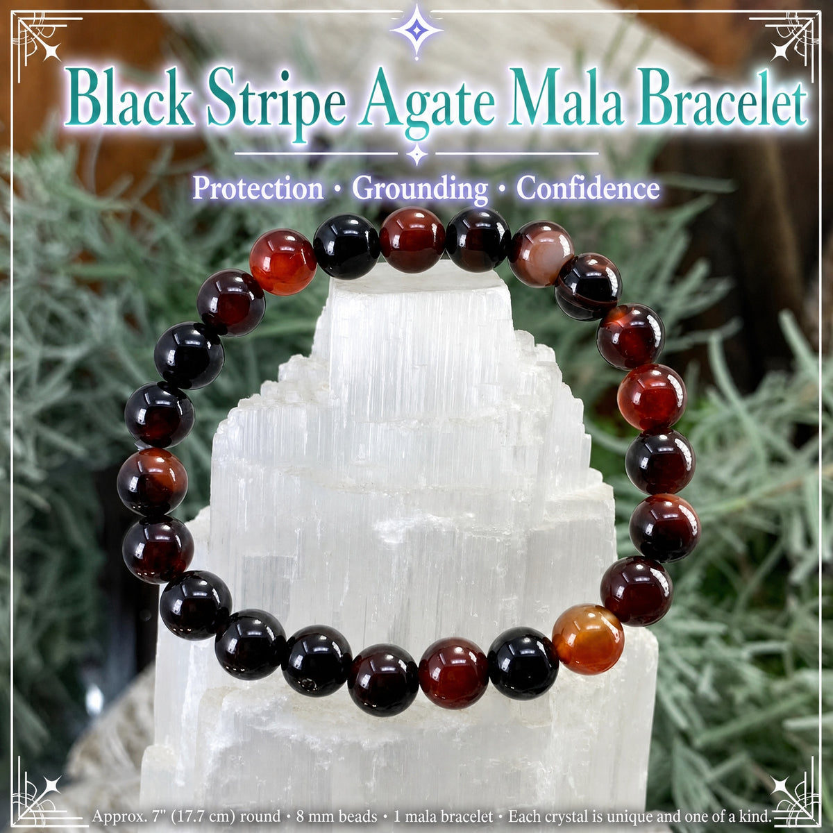 Mala Black Stripe Agate Bracelet With Velvet Pouch