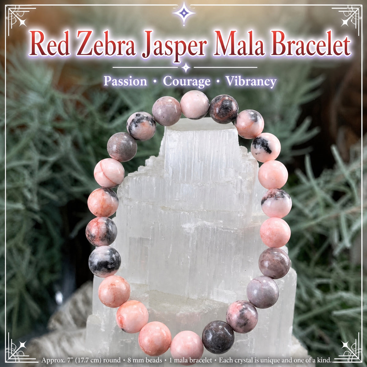 Pulsera Mala De Jaspe Cebra Rojo Con Bolsita De Terciopelo