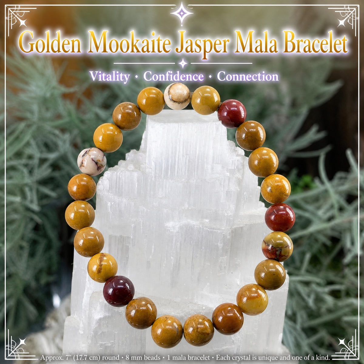 Pulsera Mala Golden Mookaite Jaspe Con Bolsa De Terciopelo