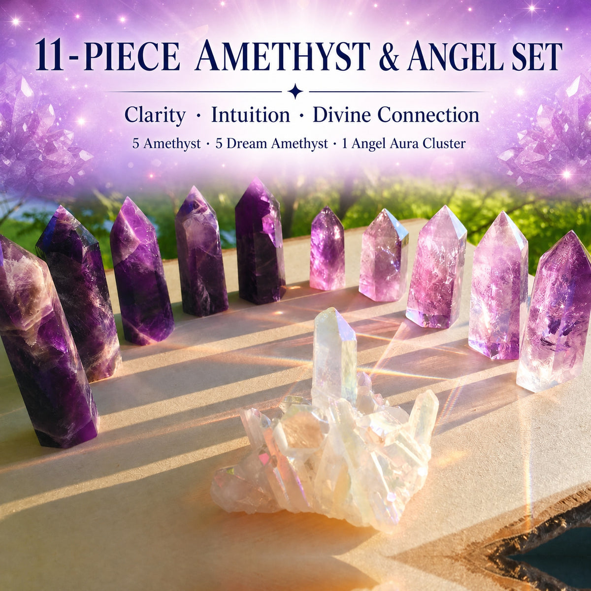 Conjunto de 11 peças de ametista e anjo