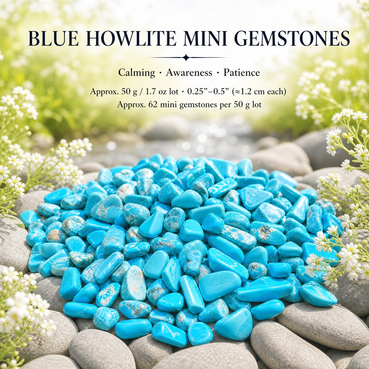 Mini pedras preciosas Howlite azuis (50 gramas / 1,7 onças. Lote)