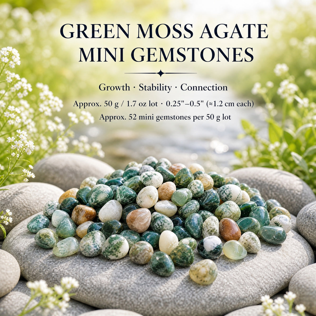 Minipedras de ágata de musgo verde (50 gramas / 1,7 onças. Lote)