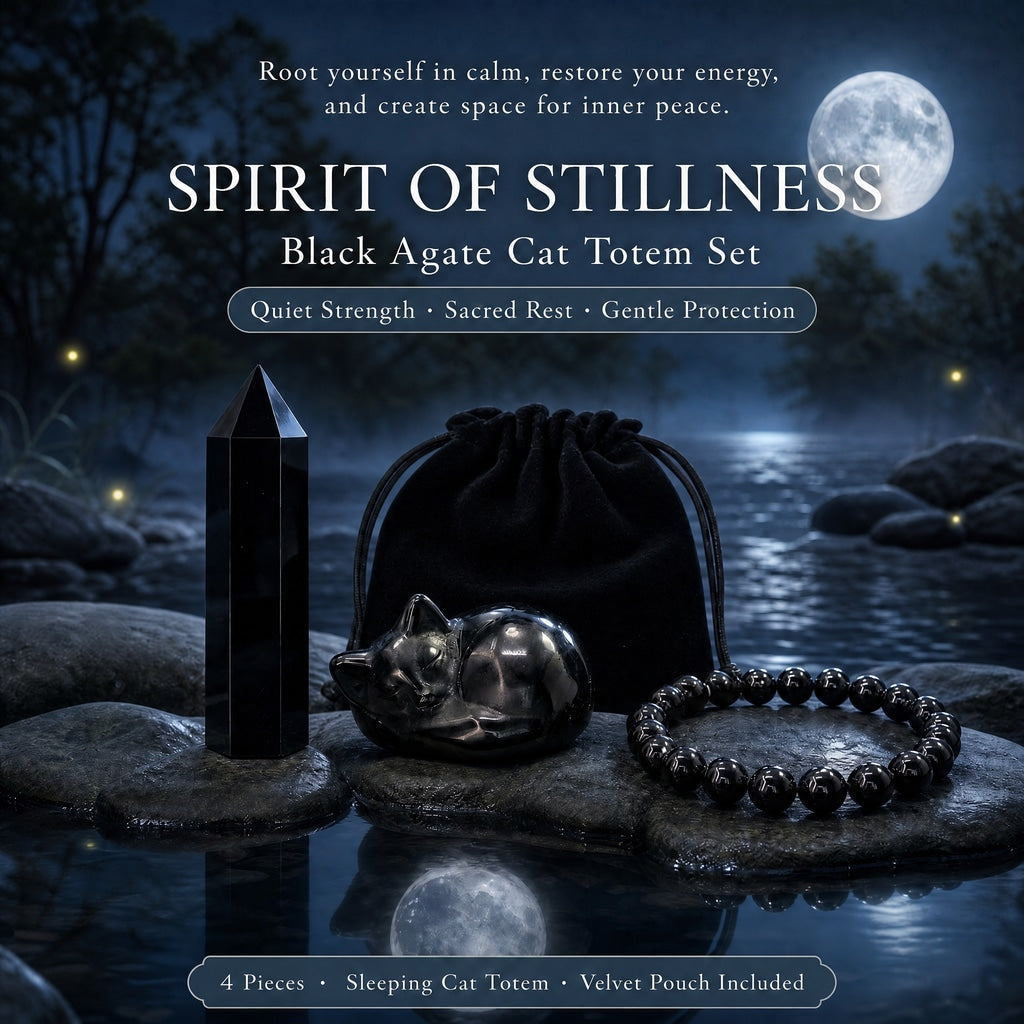 Black obsidian point, black agate sleeping cat, obsidian bead bracelet and black velvet pouch on river stones under a full moon