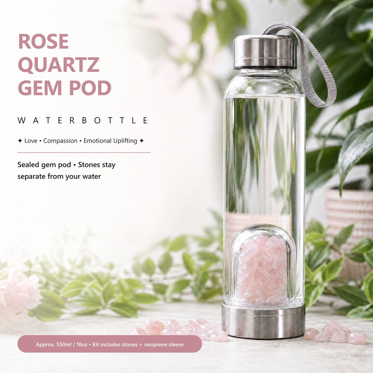 Botella de agua de vaina de gemas de cuarzo rosa 💧