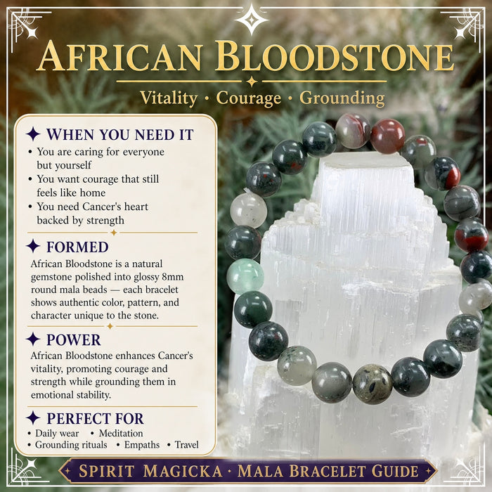 African bloodstone bead bracelet on a selenite tower