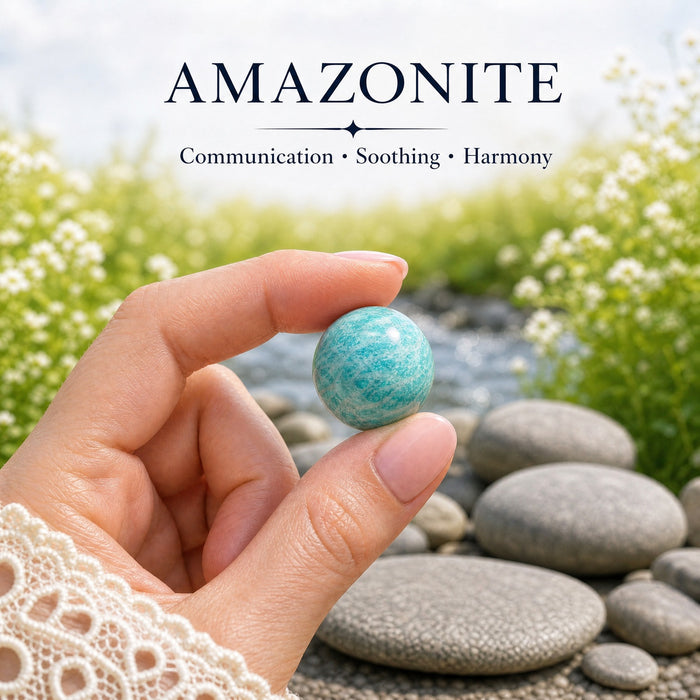 A small sea-green amazonite sphere held between finger and thumb