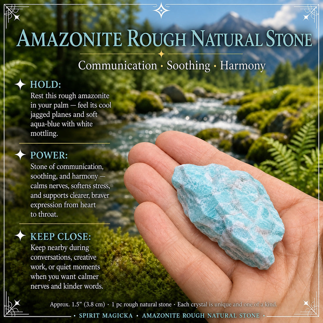 A rough aqua-blue amazonite stone resting in an open palm beside a forest stream