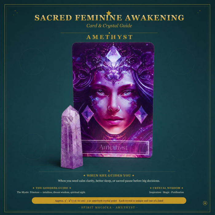 Amethyst point beside its Amethyst goddess oracle card