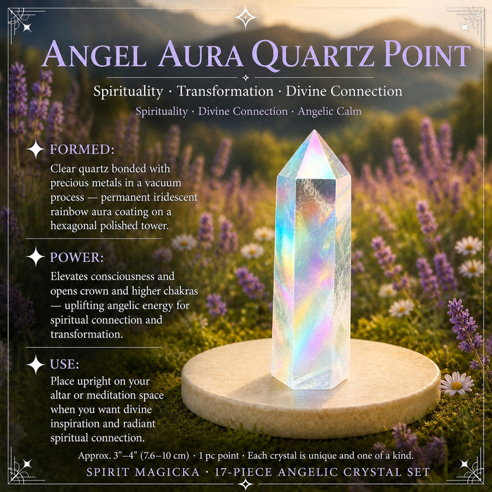Angel Aura quartz point shimmering with rainbow colors