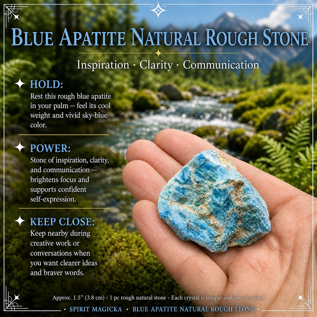 A rough blue apatite stone resting in an open palm beside a forest stream