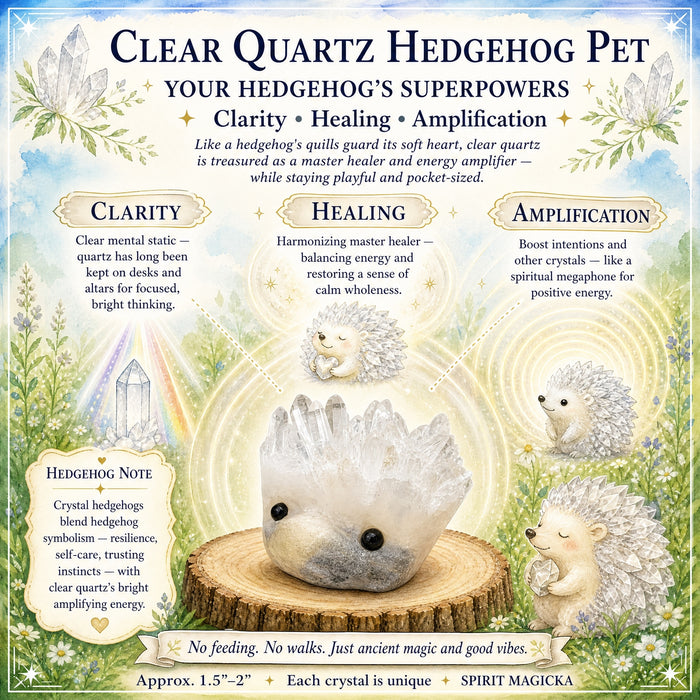 Clear quartz hedgehog with a crown of crystal points and two black eyes