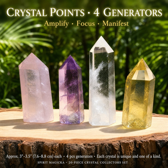Four crystal points standing in a row: rose quartz, amethyst, clear quartz and citrine