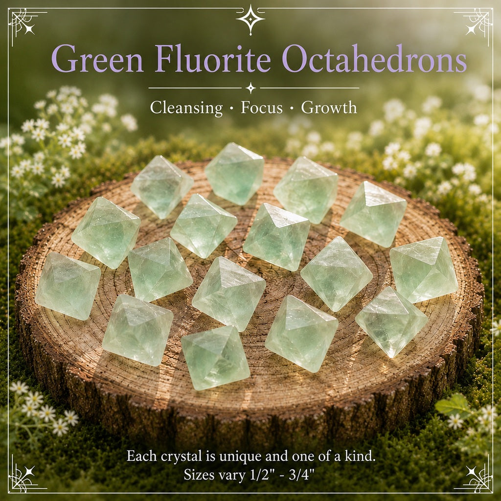 Sixteen pale green fluorite octahedrons arranged on a wooden round