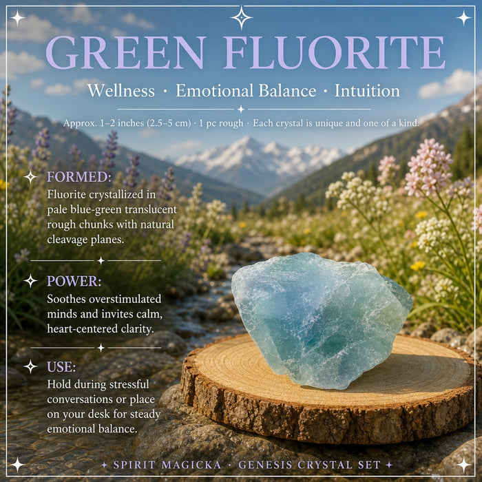 Rough pale blue-green fluorite chunk on a wood slice