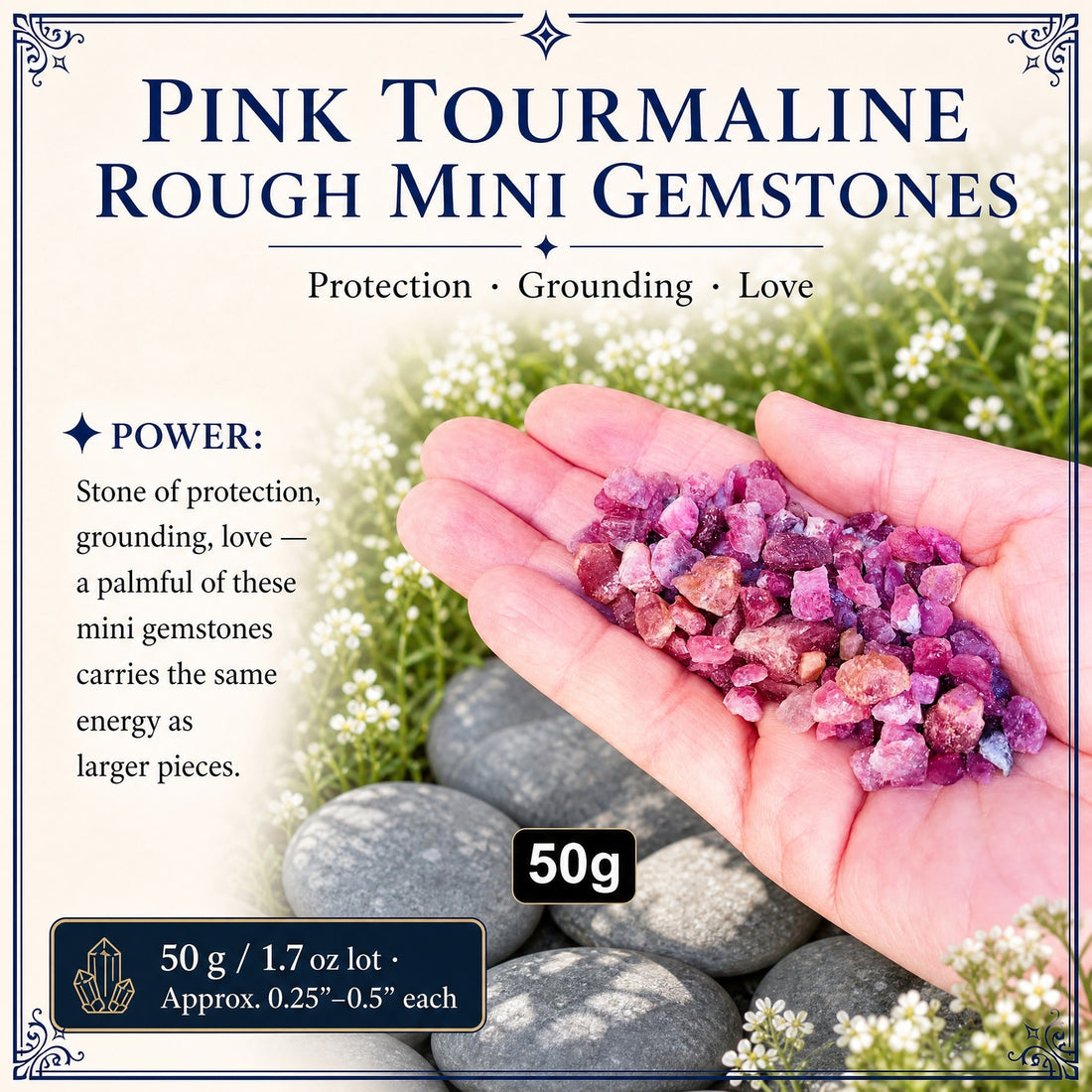 An open hand holding a 50 gram palmful of small rough pink tourmaline pieces above garden stones