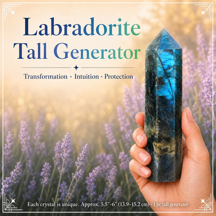 Tall labradorite generator with blue flash, held in a hand