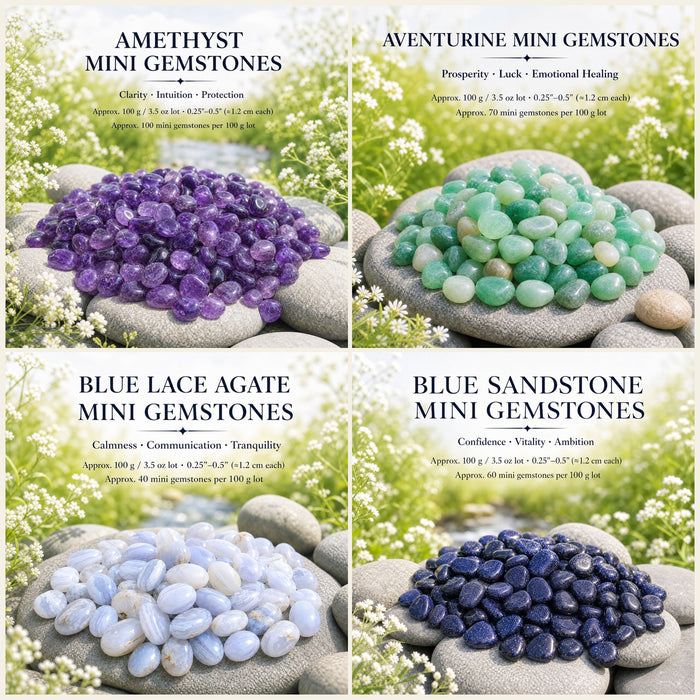 Piles of amethyst, aventurine, blue lace agate and blue sandstone mini gemstones on grey stones