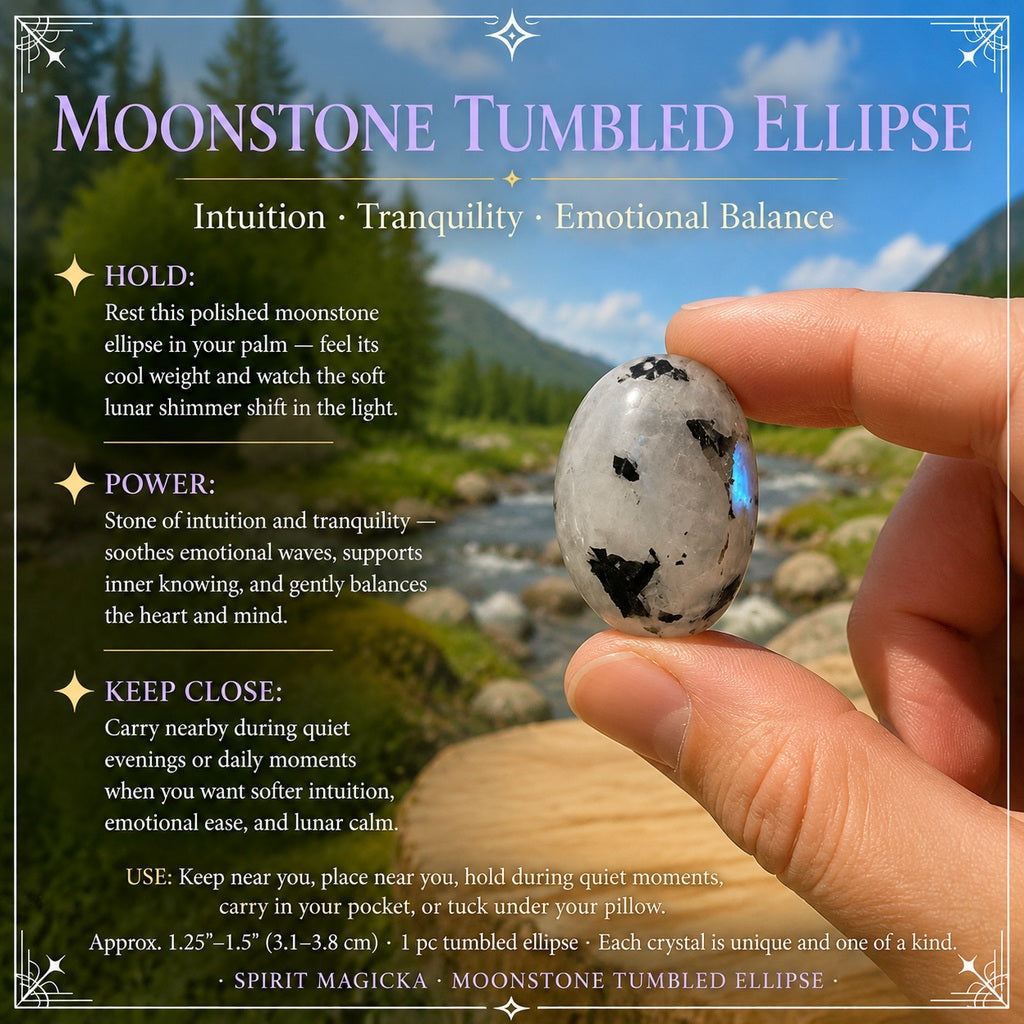 A milky white moonstone ellipse with black flecks and a blue flash, held between finger and thumb beside a mountain stream