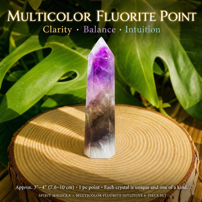 A polished multicolor fluorite point banded purple, smoky brown and white on a wood slice
