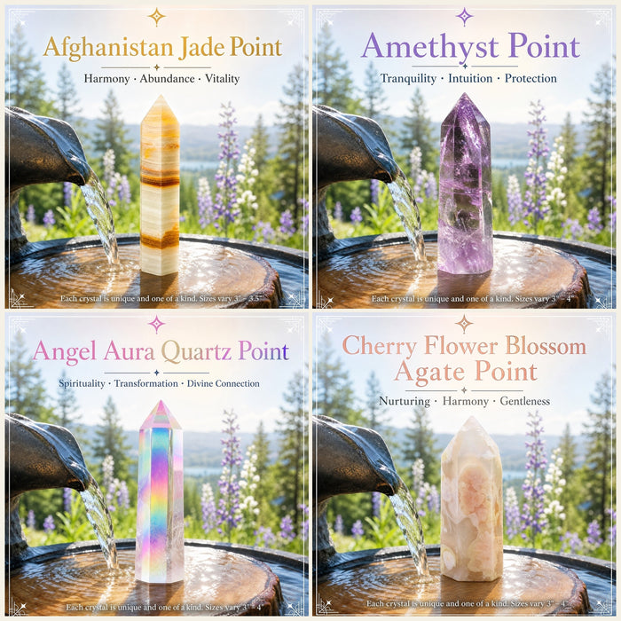 Afghanistan jade, amethyst, angel aura and cherry flower agate points beside a garden fountain