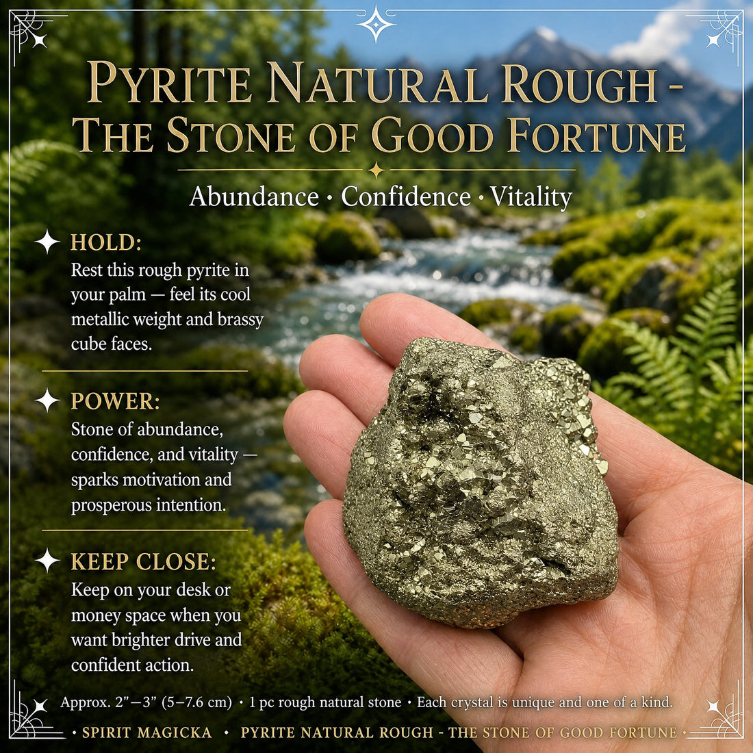 A rough piece of pyrite covered in small brassy cube faces, resting in an open palm beside a forest stream