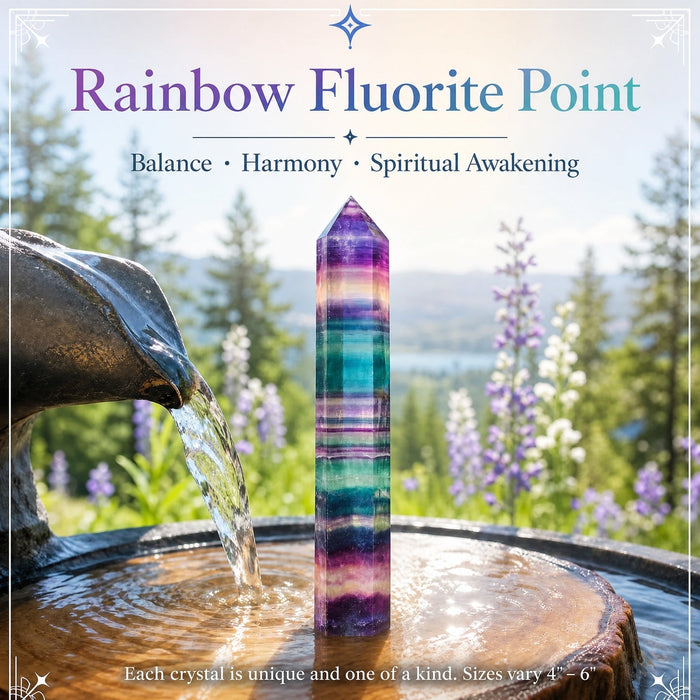 Rainbow fluorite point banded purple and green, standing beside a fountain