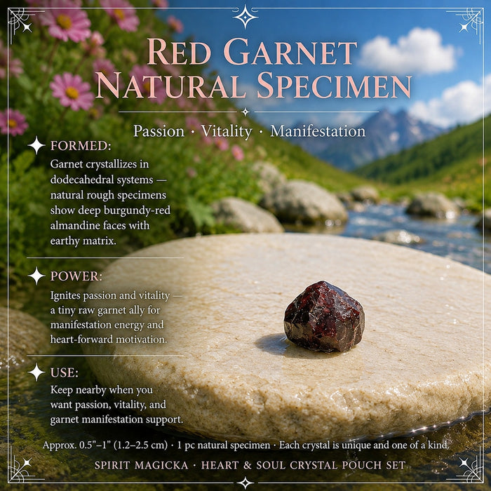 Rough deep-red garnet specimen on a pale stone