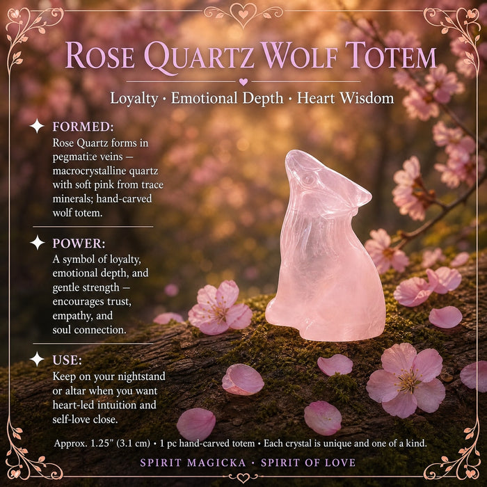 A small hand-carved rose quartz wolf among pink blossoms