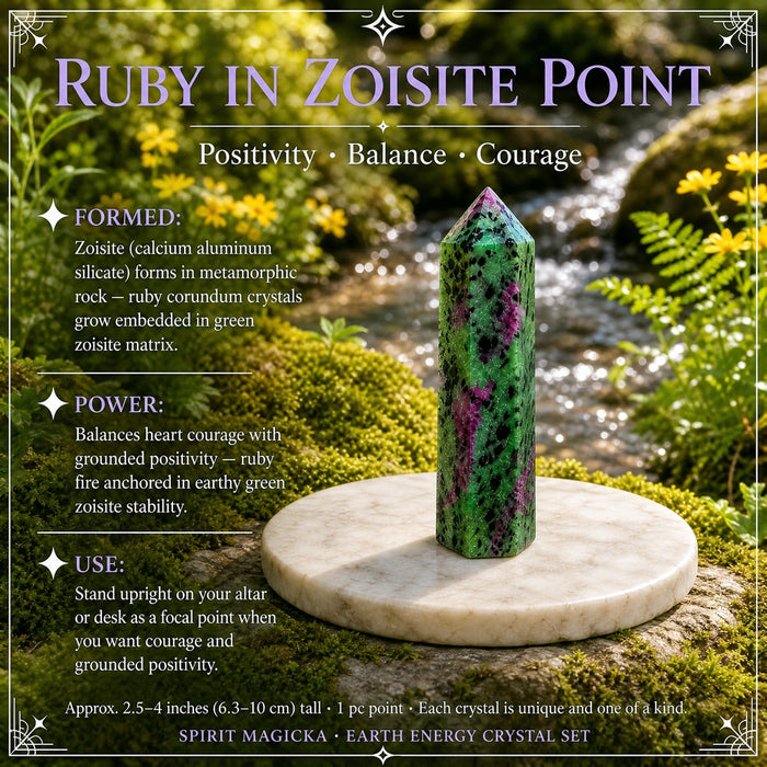 Green and pink ruby in zoisite crystal point standing on a marble round
