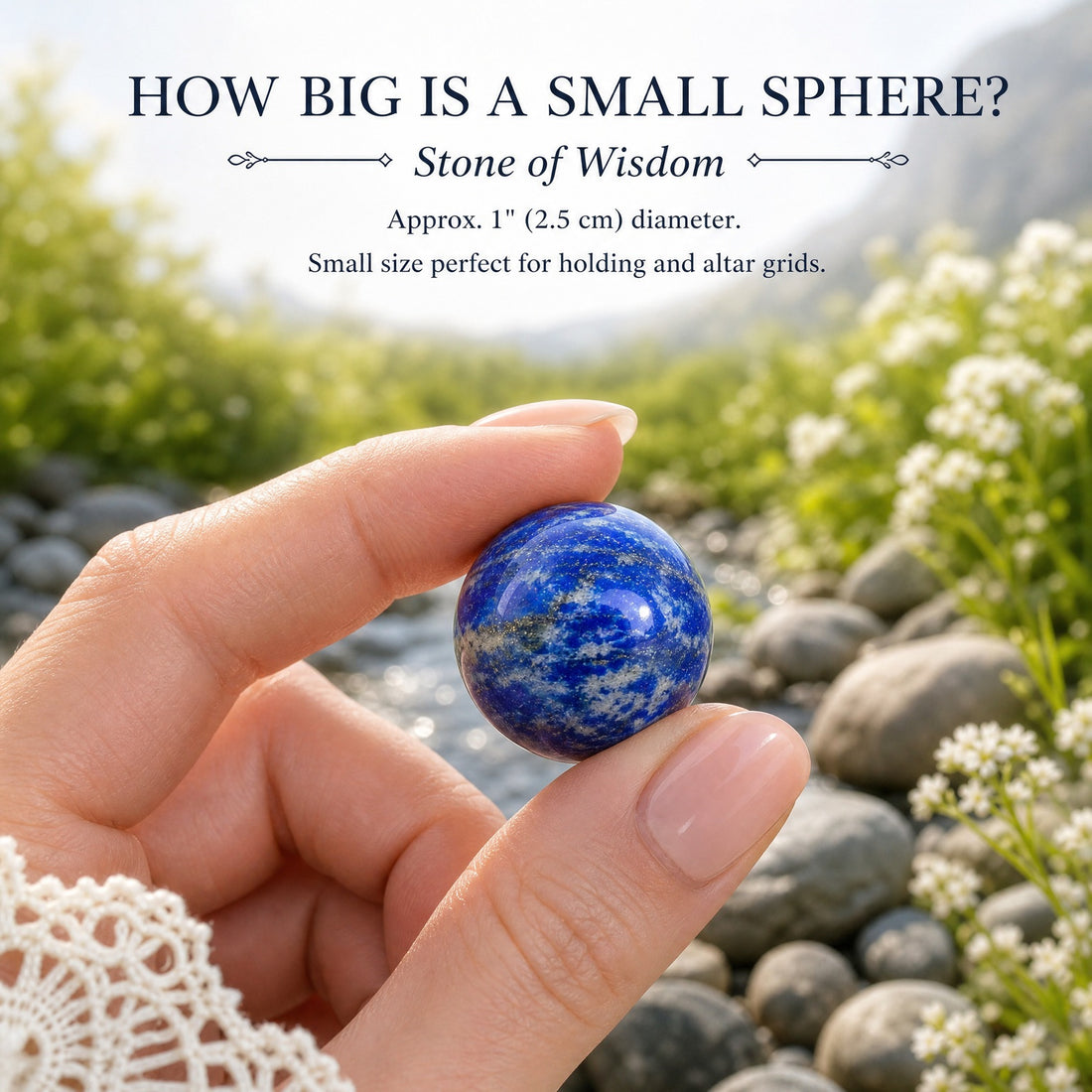 A small lapis lazuli sphere held between a thumb and forefinger beside a stream