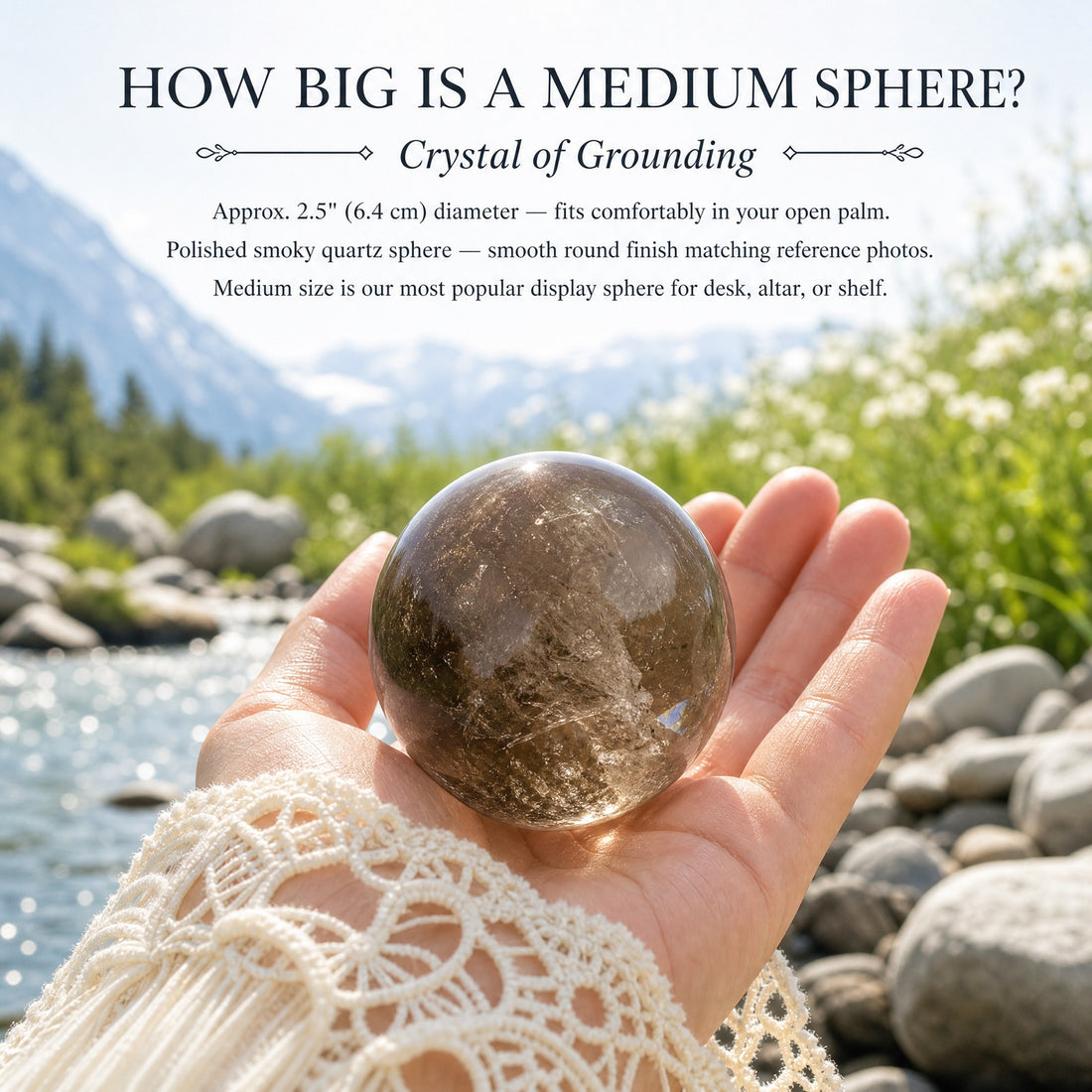 Medium smoky quartz sphere resting in an open palm beside a mountain stream