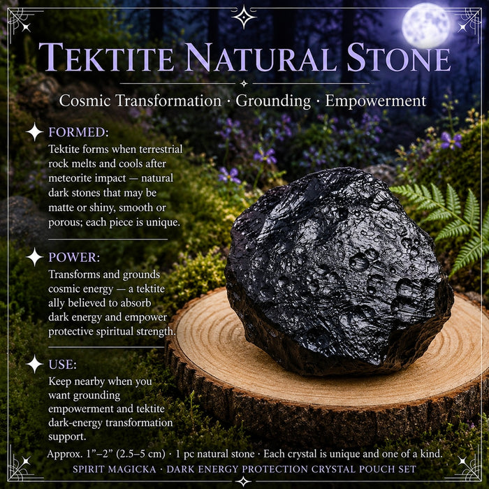 A pitted, glassy black tektite stone on a wooden slice