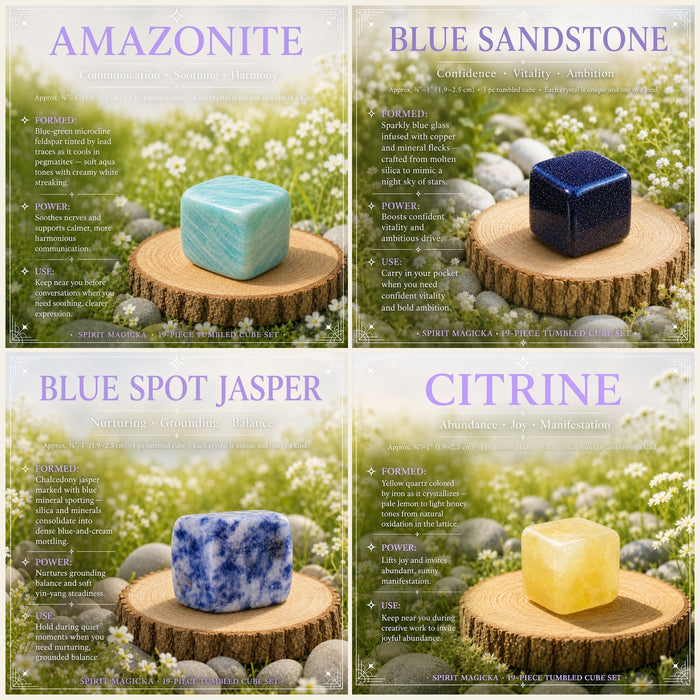 Amazonite, blue sandstone, blue spot jasper and citrine tumbled cubes on wooden rounds