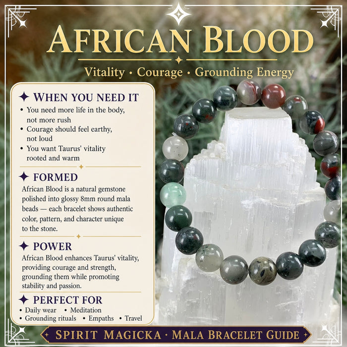 African blood bracelet of dark green, grey and red-flecked beads on a selenite tower