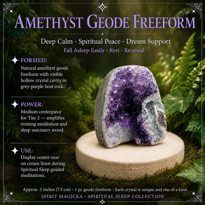 Amethyst geode freeform with a hollow purple crystal cavity in grey host rock