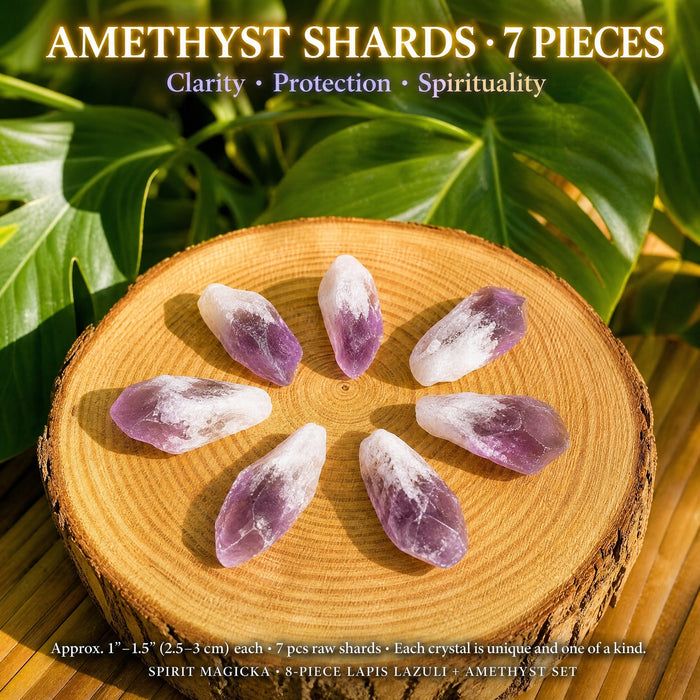 Seven amethyst shards arranged in a ring on a wood slice, violet tips fading to white