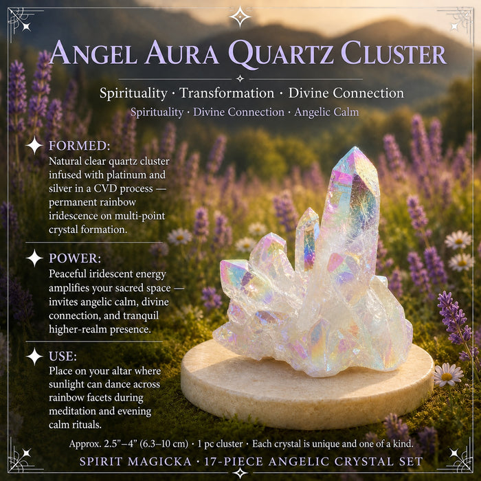 Angel Aura quartz cluster with many iridescent points