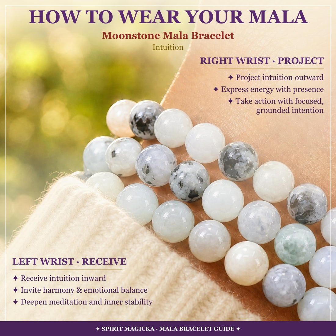 Moonstone bead strands worn on a wrist beside a cream knit sleeve, with a guide to wearing the mala on the left or right wrist