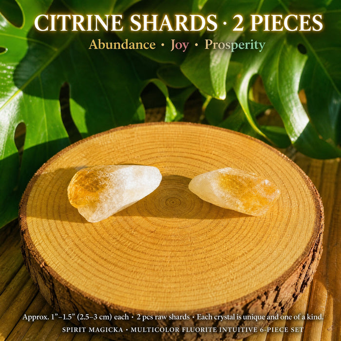 Two raw golden citrine shards on a wood slice