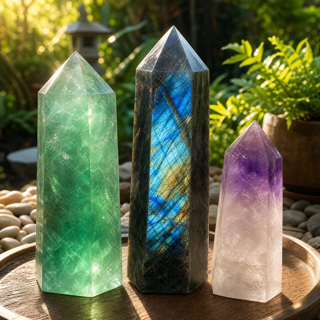 Green fluorite, labradorite and amethyst generators displayed together on a wooden tray in a sunlit garden