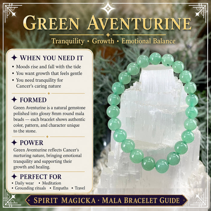 Green aventurine bead bracelet on a selenite tower
