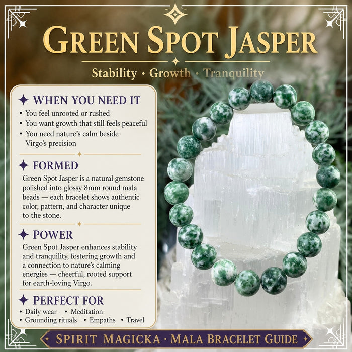 Green and white speckled green spot jasper bead bracelet on a selenite tower
