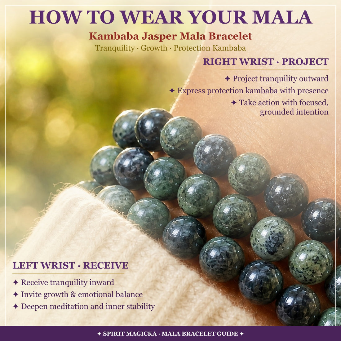 Kambaba jasper bead strands beside a cream knit sleeve, with a guide to wearing the mala on the left or right wrist
