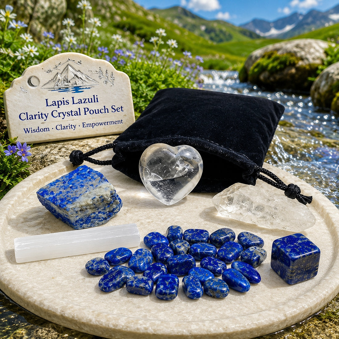 Clear quartz heart, lapis lazuli rough stone and cube, lapis mini gemstones, selenite stick and quartz shard on a stone tray beside a black velvet pouch