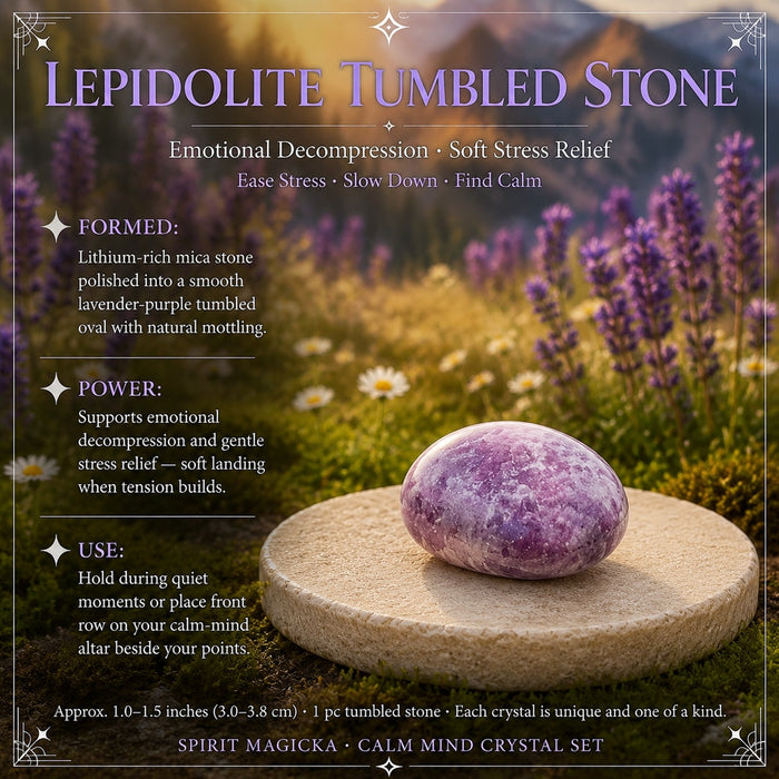 A smooth lavender-purple lepidolite tumbled stone on a stone disc among lavender