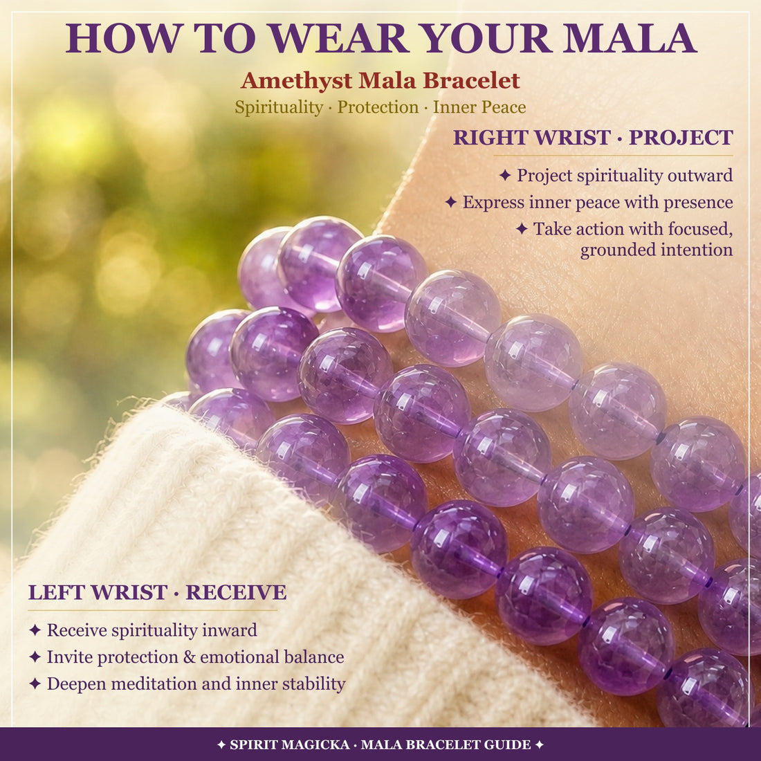 Amethyst bead bracelets worn stacked on a wrist above a cream knit sleeve, with a guide to wearing on the left or right wrist