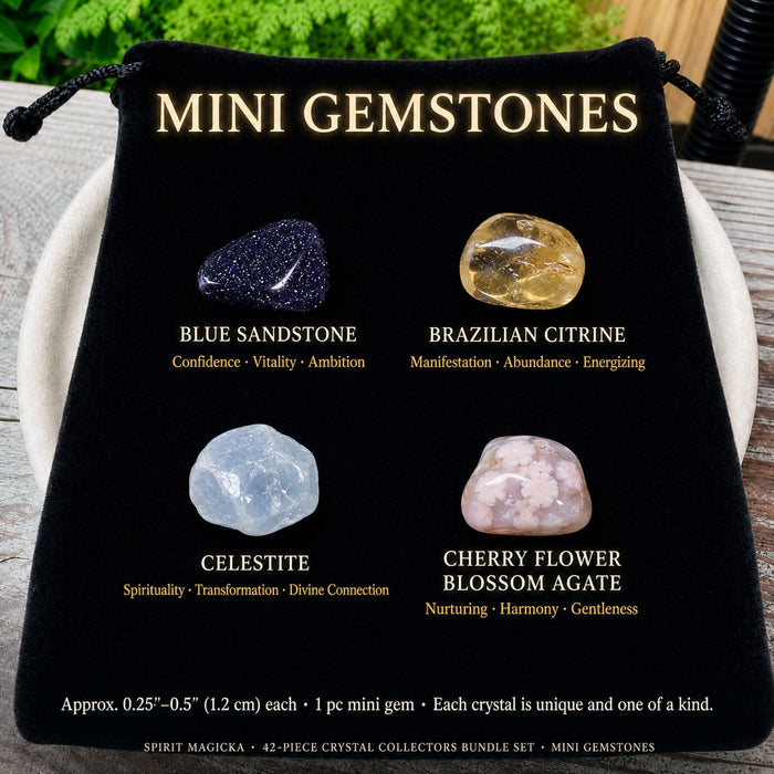 Mini gemstones: Blue Sandstone, Brazilian Citrine, Celestite and Cherry Flower Blossom Agate