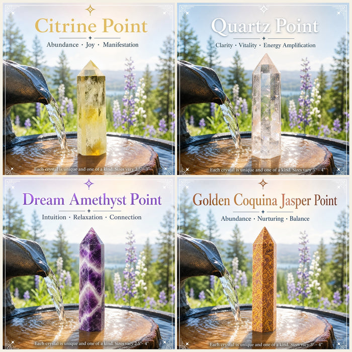 Citrine, clear quartz, dream amethyst and golden coquina jasper points beside a garden fountain