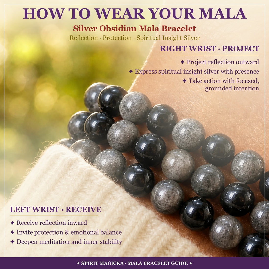 How to wear your mala guide: close-up of Silver Obsidian beads with notes for wearing it on the left or right wrist